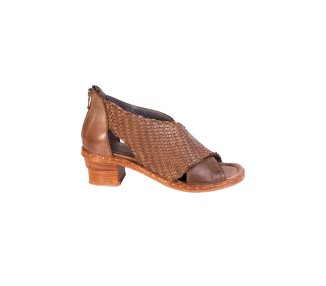 Handmade brown woven leather heeled sandals with back zip and leather sole.