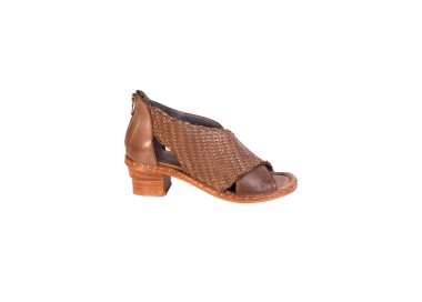 Handmade brown woven leather heeled sandals with back zip and leather sole.