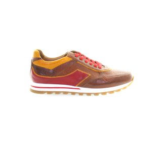 Handmade men`s sneakers in red and yellow genuine leather