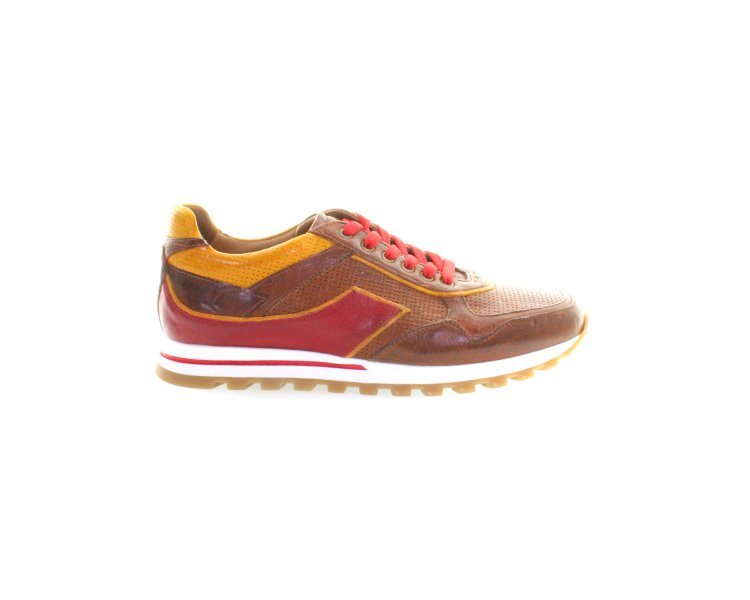 Handmade men`s sneakers in red and yellow genuine leather