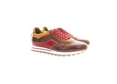 Handmade men`s sneakers in red and yellow genuine leather