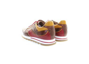 Handmade men`s sneakers in red and yellow genuine leather