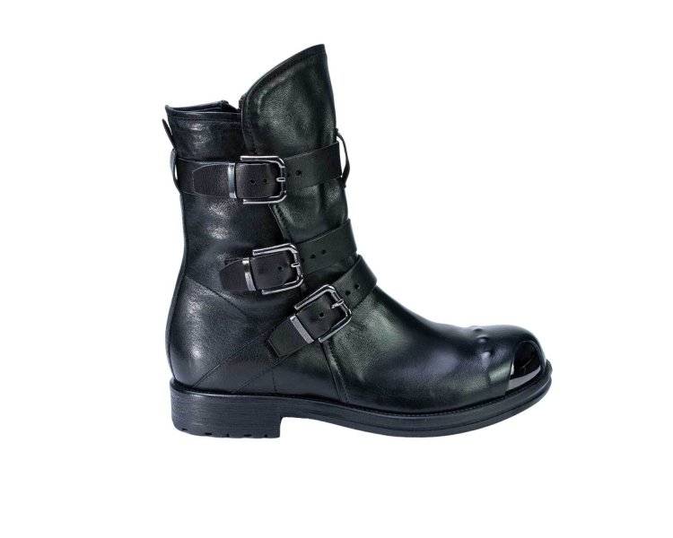 Handcrafted women`s ankle boots in soft genuine leather with 3 buckles