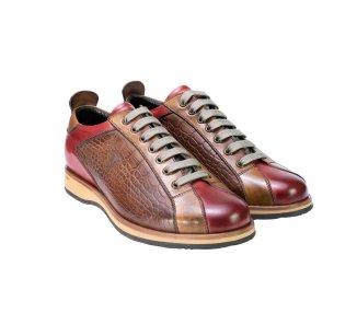 Man`s sneakers  in calf leather handcrafted red and brown
