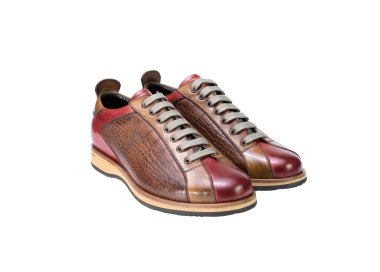 Man`s sneakers  in calf leather handcrafted red and brown